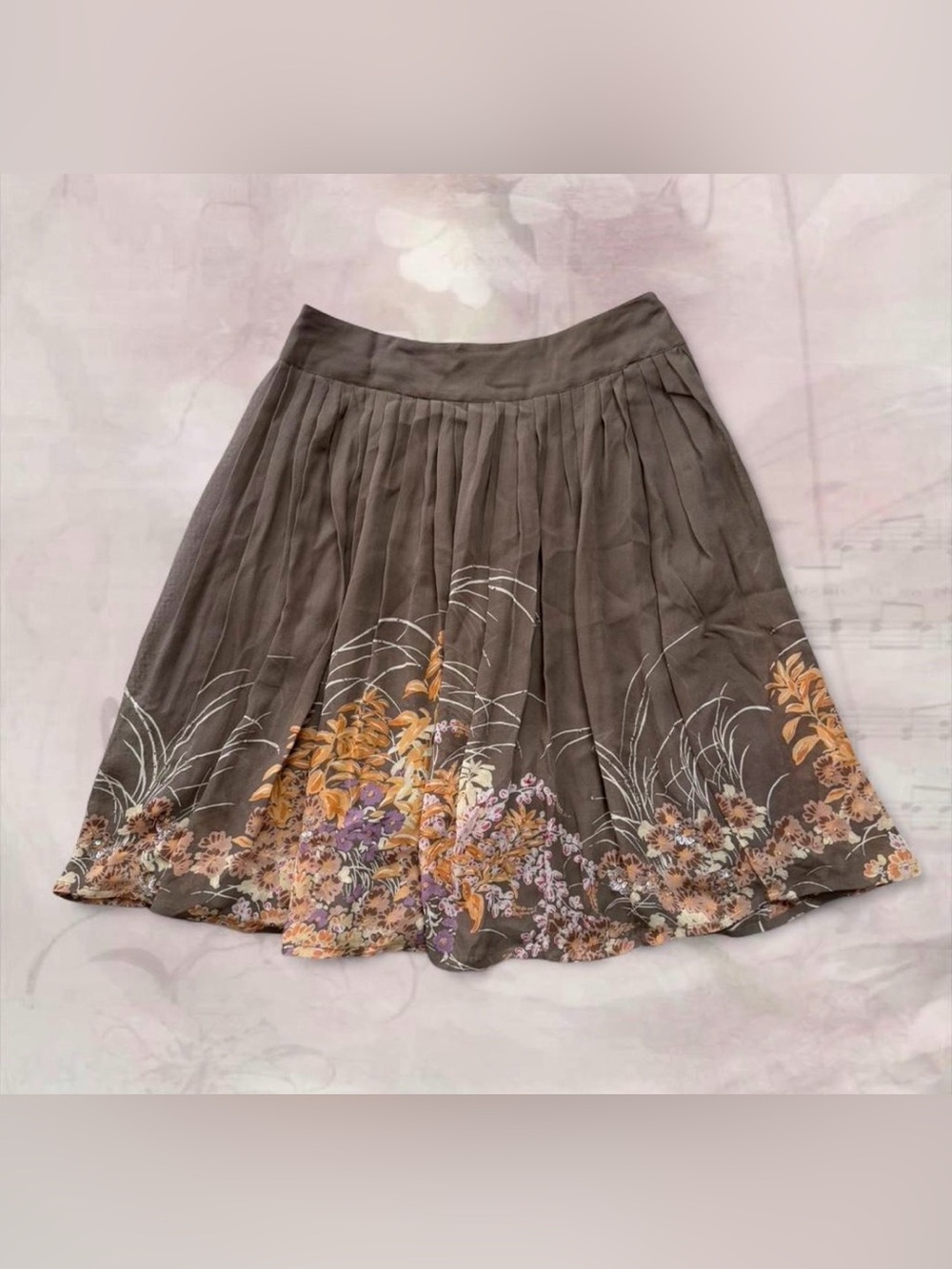 French Connection Olive Brown Floral Border Pleated Skirt